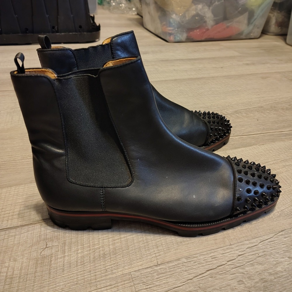 Christian Louboutin Samson Spikes Black Leather Chelsea Boots Red Sole Mens 45